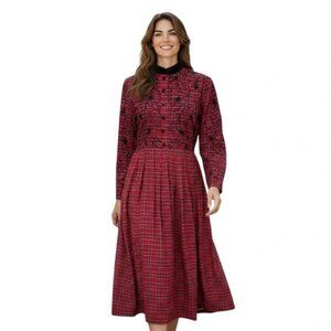 Vintage Country Wear Plaid Embroidered Velvet Cottagecore Pleated Midi Dress
